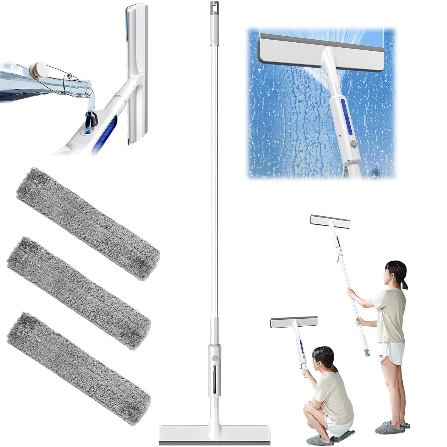 Squeegee for Window Cleaning with Spray and 3 Pads,2024 New Window Cleaner Tool,Double Sided Window Cleaner with Long Handle