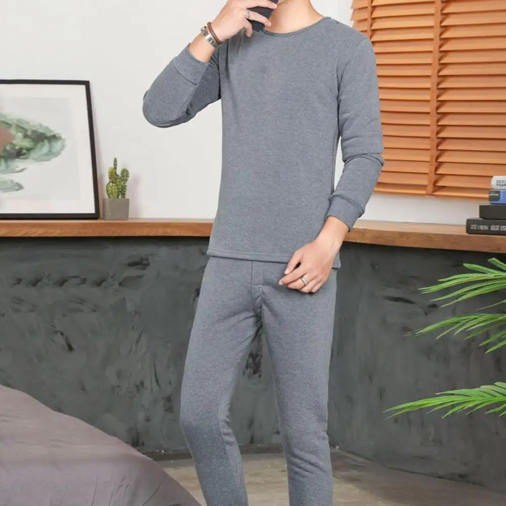 

High-density Thermal Suit Men's Winter Thermal Underwear Set with Plush Warmth Slim Fit 2 Pcs Round Neck Long Sleeve for Plus