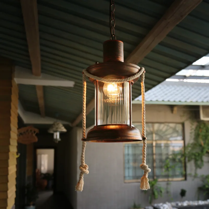 Retro nostalgic hemp rope pendant light American coffee shop bar project wrought iron aisle Droplight glass lighting fixture