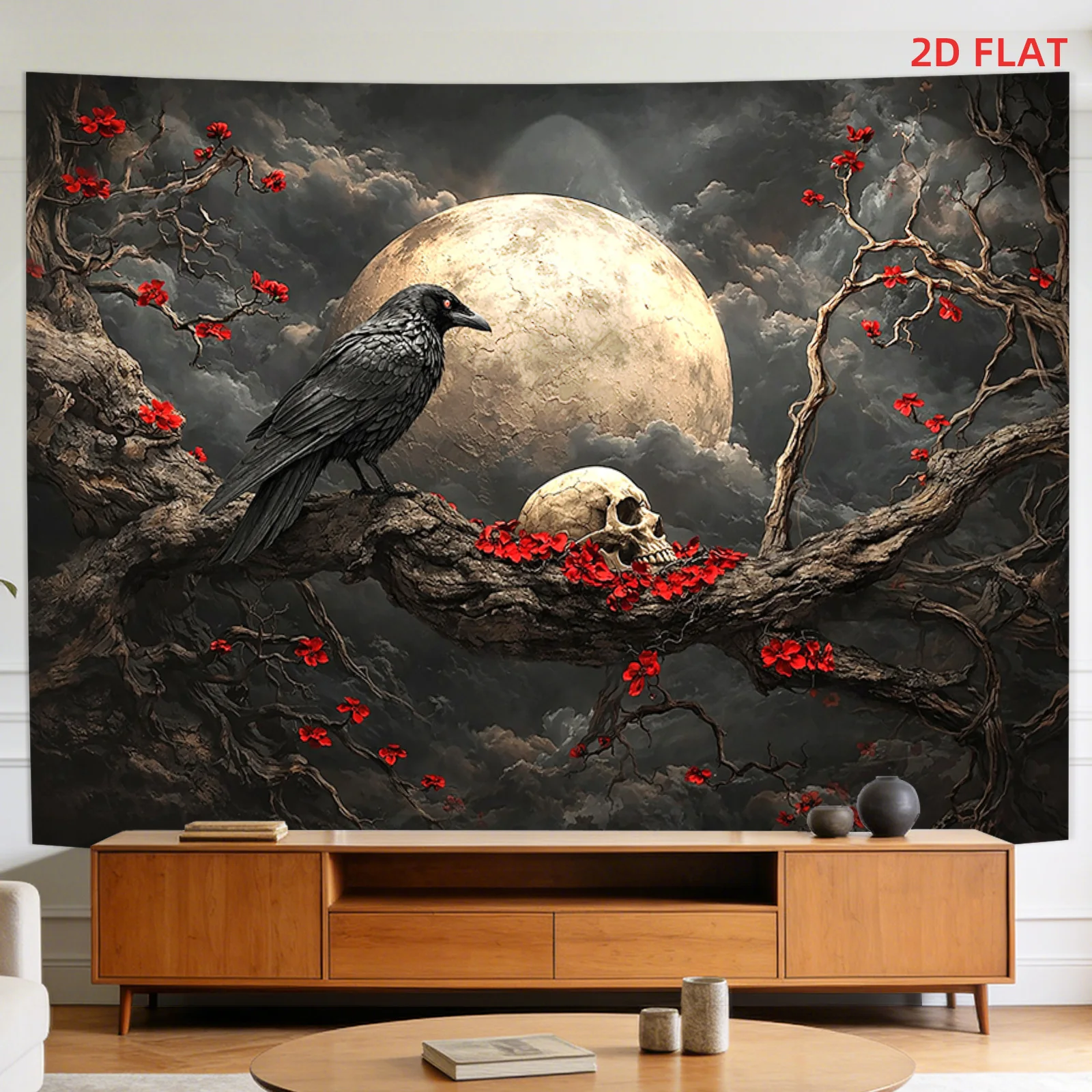 Gothic Moon Skull Crow Tree Branches Wall Tapestry Dark Moody Halloween Decor Art Print