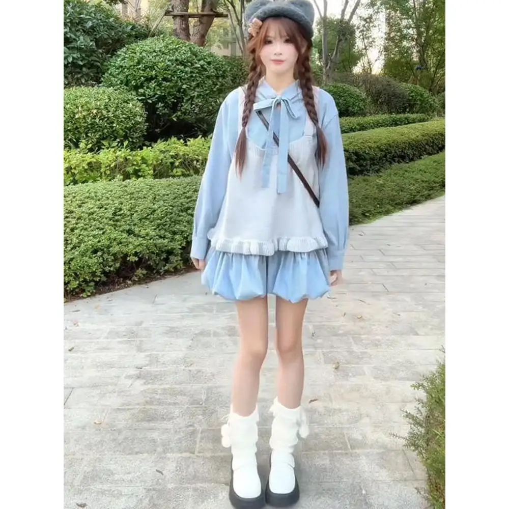 

plus Size Girls Shirt Tie Knitted Dress Bloomer Vest Set High Grey Casual Style Four Seasons Wear for plus Size Women