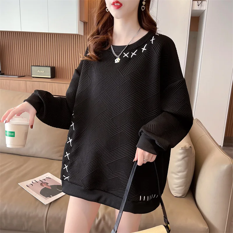 Korean Fashion Spring Autumn Women's O-Neck Sweatshirts Letter Embroid Casual Loose Long Sleeve Streetwear Tops Y2k Pullover