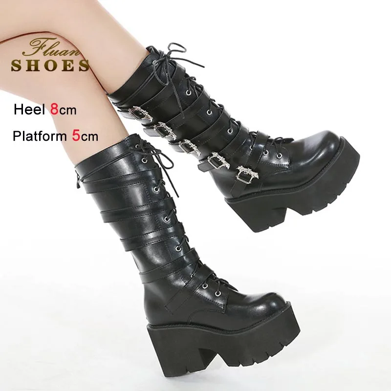 

New Women Tall Boots Metallic Buckle Rear Zipper Knee Length Boots Coarse Heel High Heeled Platform Shoes Fashion Mid-calf Boots