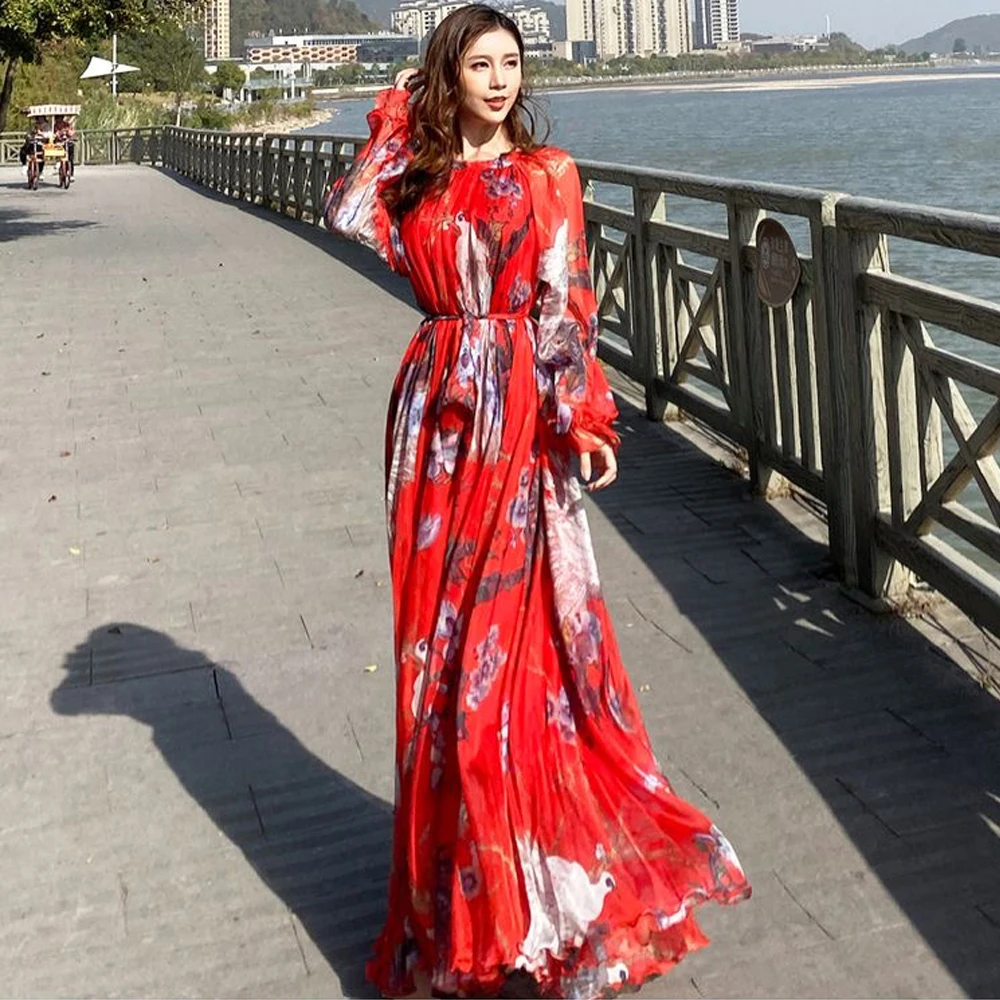 New Fashion Peacock Print Maxi Dress Women Sundress Abaya Dubai Hijab Chiffon Muslim Dresses African Turkey Islam Kaftan Robe