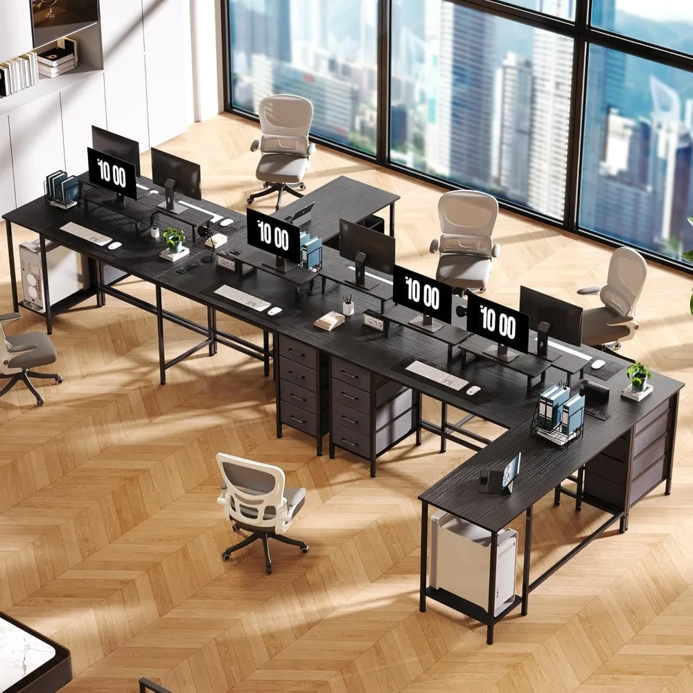 

59 inch L Shaped Computer Desk with Power Outlets, Home Office Desk with 4 Adjustable Storage Drawers & 2 Monitor Stands,