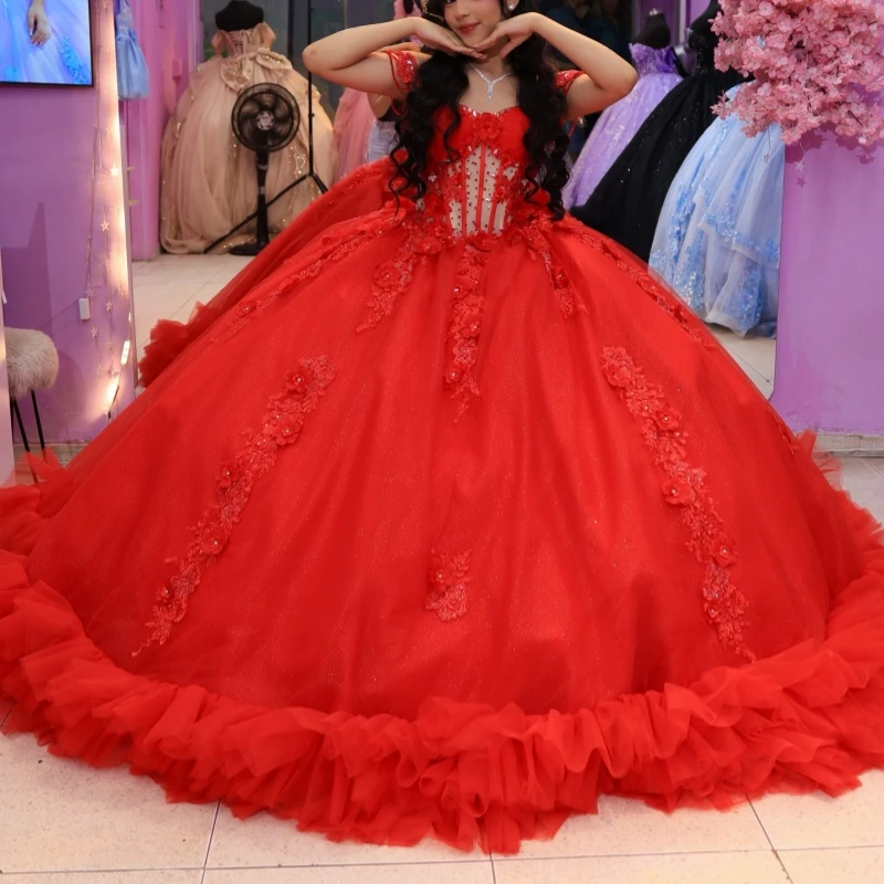 

Red Shiny Quinceanera Dresses Ball Gown Off The Shoulder Applique Flower Beading Crystal Tull Corset Party Birthday Sweet 16