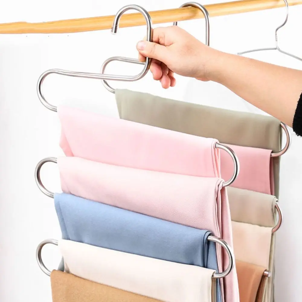 5pcs Stainless Steel Pants Rack Five-Layer Anti Slip Multi-Layer Hanger S-shaped Design Multi-Functional Storage Rack