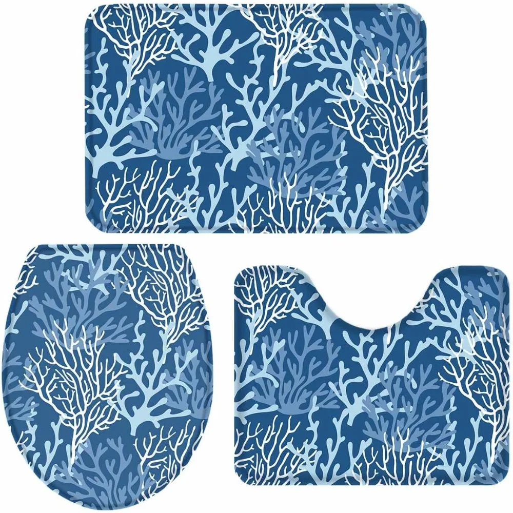 

Coral Bathroom Rugs Mat Sets 3 Piece, Summer Beach Sea Abstract Geometric White Bath Shower Rugs With U-Shaped Contour