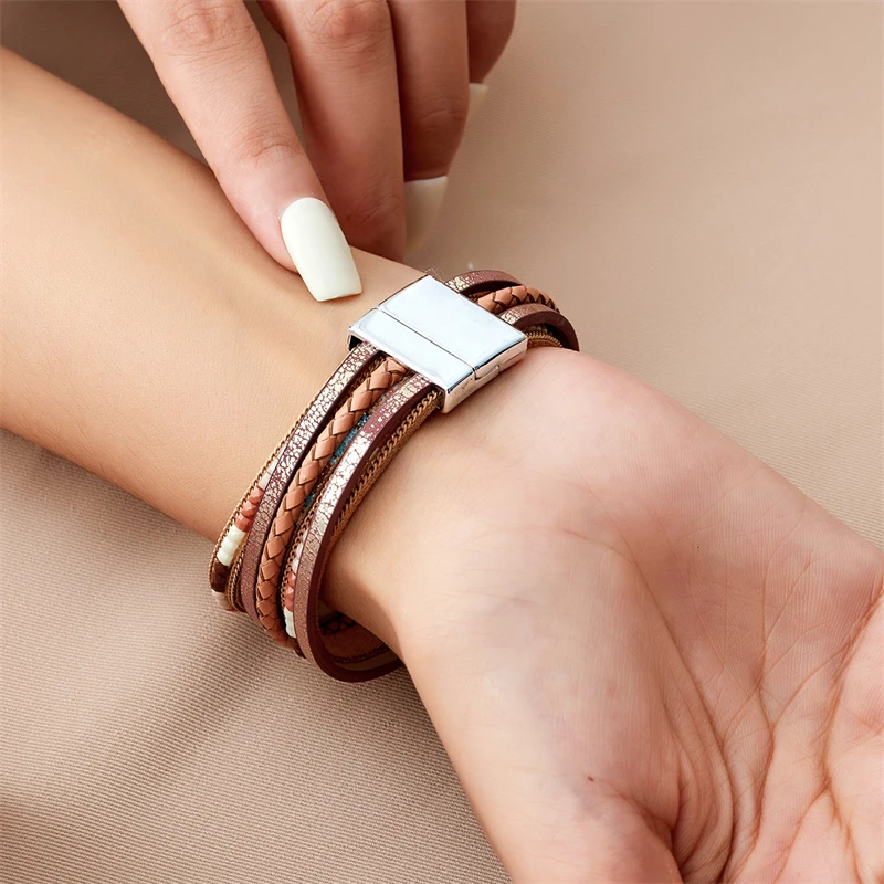 Böhmische Vintage mehr schicht ige Leder armbänder für Frauen hand gefertigte gewebte Leder breite Magnet verschluss Herren Armreif Modeschmuck – Detail 14