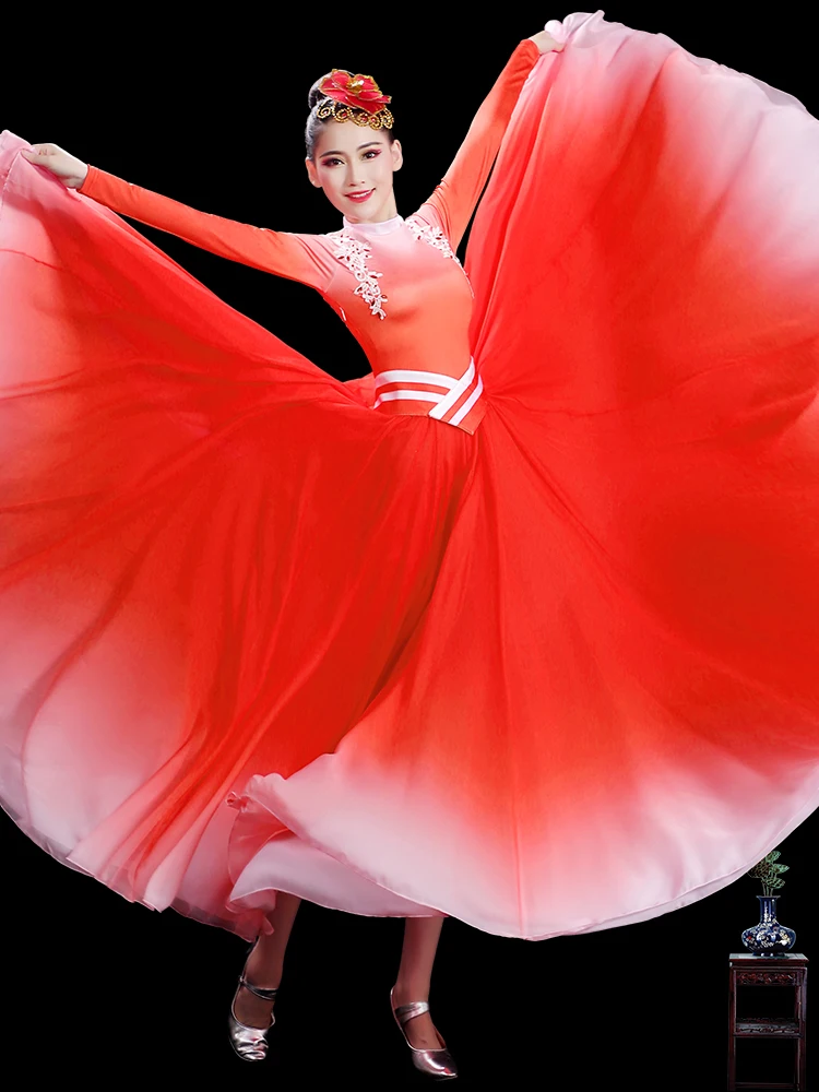 

Red Large Skirt Dance Performance Costume Opening Dance Chorus Dance Traditional Chinese Ethnic Stage Costume Polyester Fiber