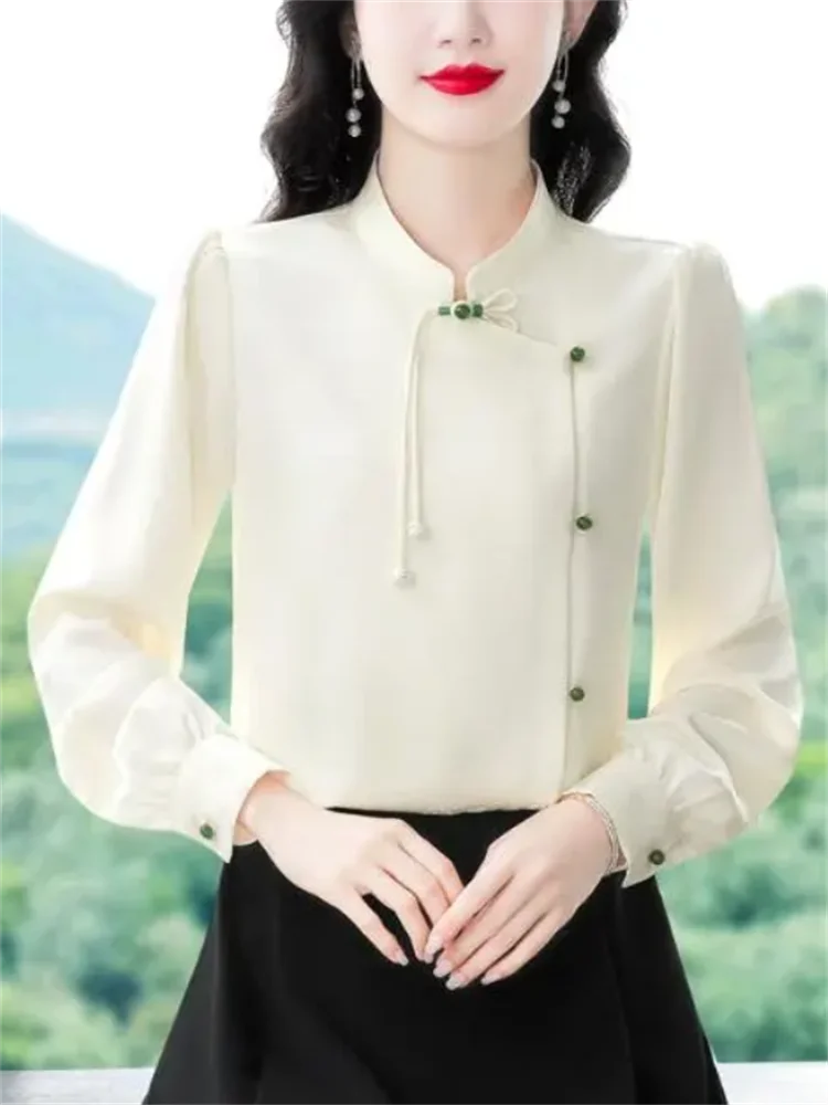 New Retro Blouses For Women Art Top Plate Buckle Diagonal Placket Bead Chinese Shirt National Clothes Thin Female Chiffon Shirt