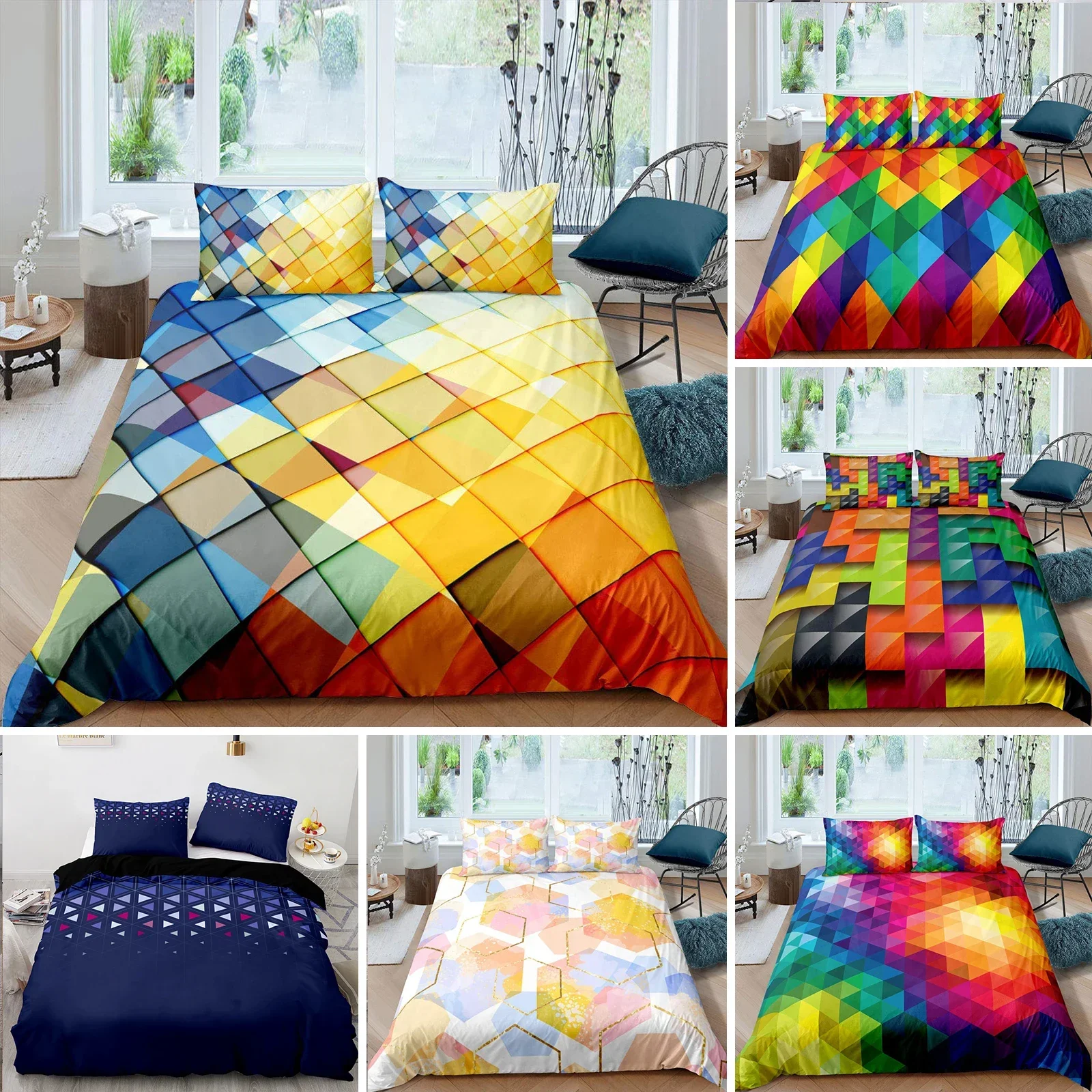 Red Glowing Polygonal Grid Pattern Bedding Set Duvet Cover Bedroom Covers Single Twin King ​Size Quilt Cover Home Textile 2/3PCS