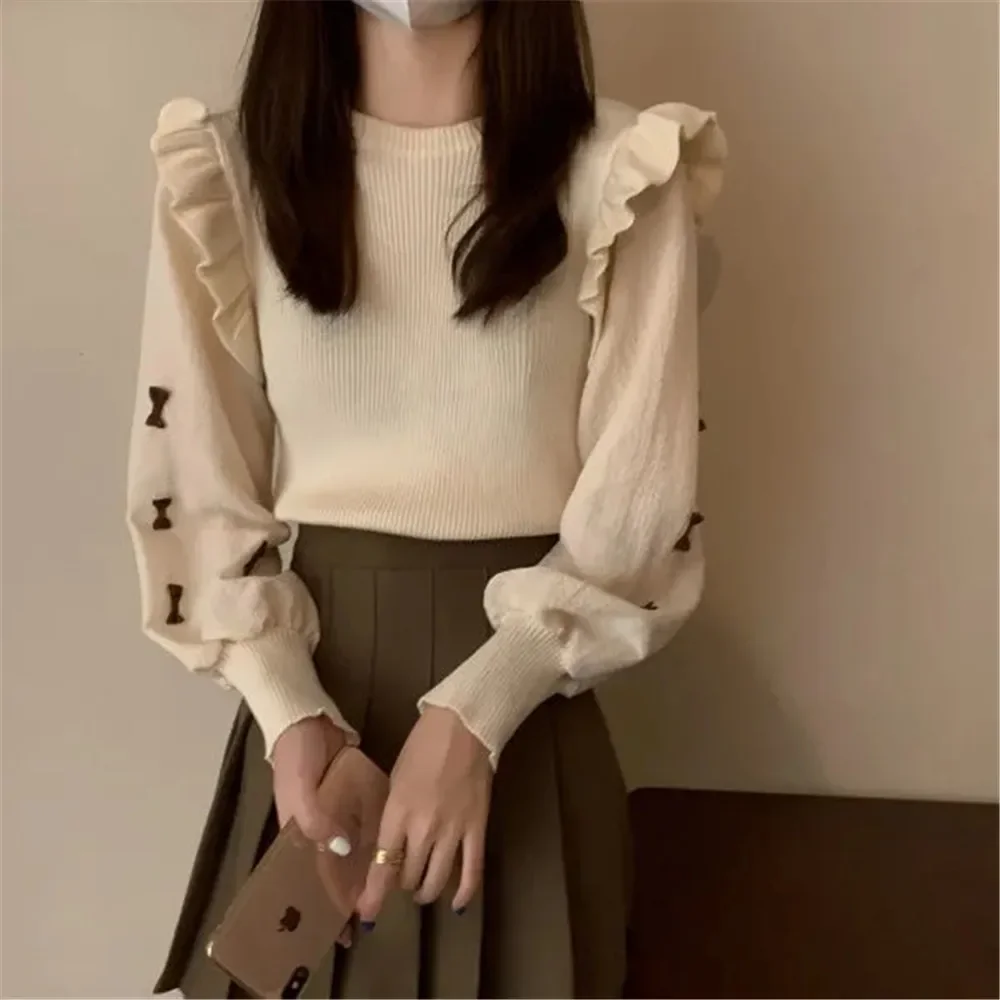 Vintage Patchwork Ruffles Knitted Sweater Women Brown Sweet Bow O-Neck Pullover Korean Black Students Preppy Lantern Sleeve Top