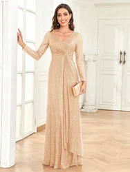 BLUEPLUM Luxury Gold Floor Length V-Neck Evening Dress Women Elegant Party Maxi Dress Sequin Long Sleeves Prom Cocktail Dress Go