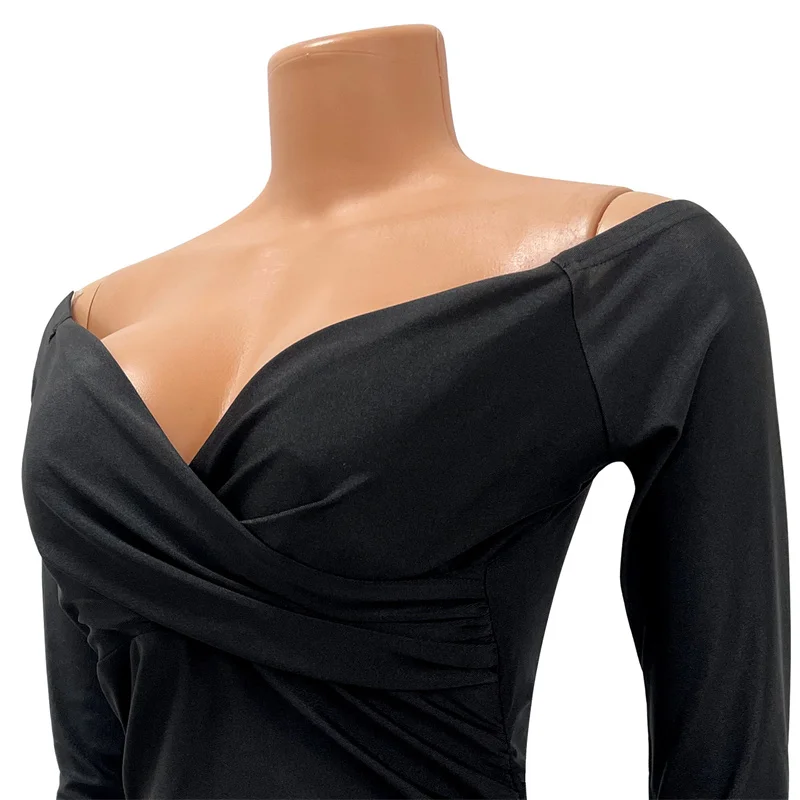 Robe mi-longue froncée, Sexy, épaules dénudées, moulante, élégante, soirée, Club, manches longues, col en v, robes de bal d'anniversaire