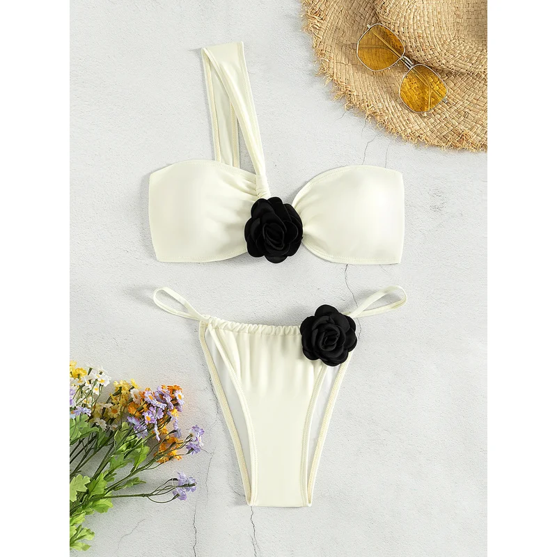 Hot Selling Popular Swimsuit Bikini Off-Shoulder Three-Dimensional Flower White Strapless Two-PiecebikiniSwimsuit for Women