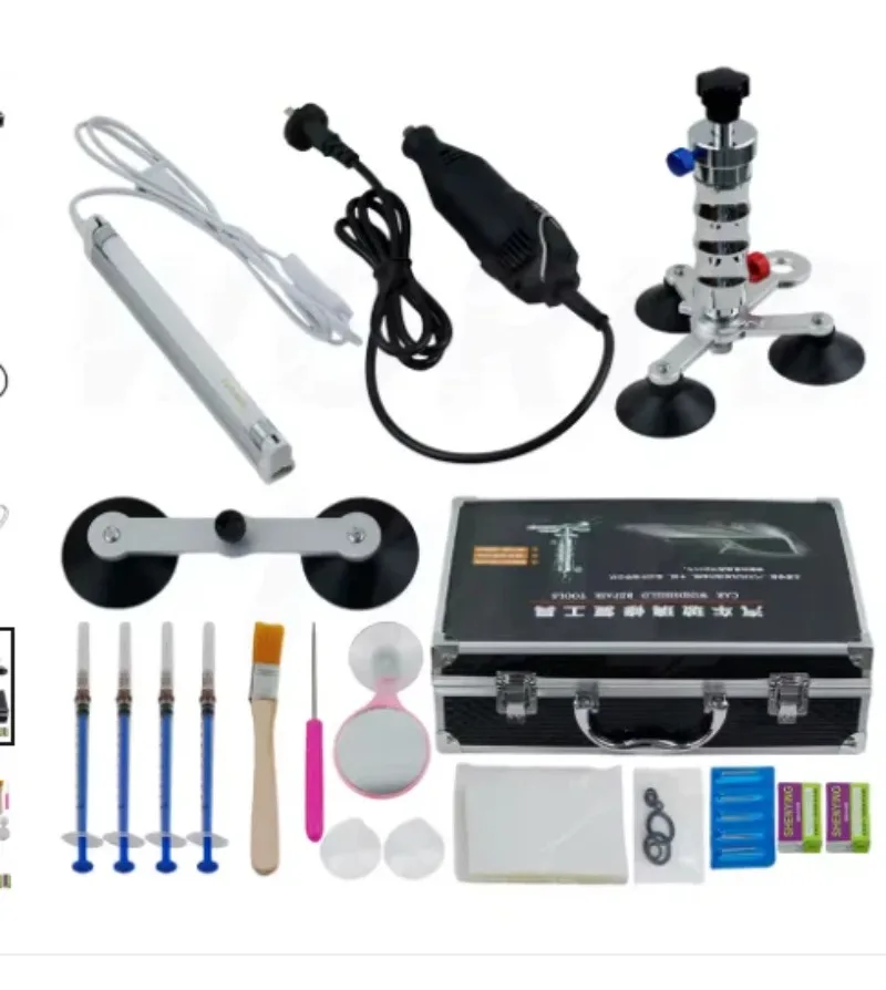 Car Front Windshield Repair Kit, Car Glass Crack Repair Professional Accessories Toolbox, Stainless Steel Vacuum Injection Pump