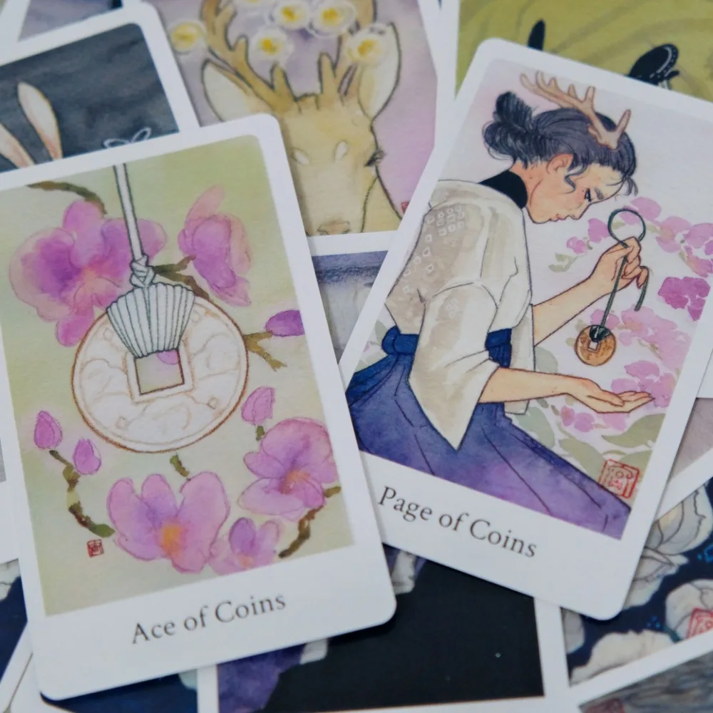 12 * 7 cm großes Botan-Tarot mit üppigen und skurrilen Aquarellillustrationen in starrer Box, 78 Stück japanische Tarotkarten