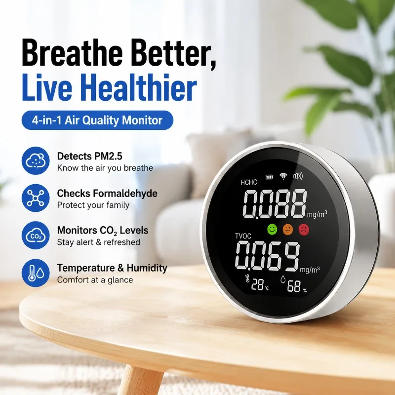 4-in-1 Air Quality Detector Formaldehyde CO2 Monitor Dust Particle Counter Multifunctional Indoor Testing Equipment Detect HCHO