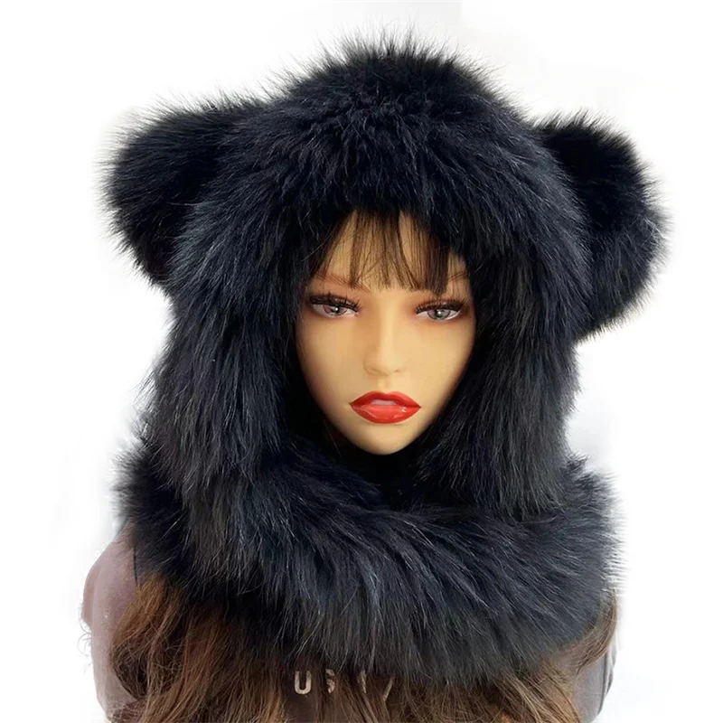 Cute Bear Real Fox Fur Scarf Winter Warm Knitted Integrated Snow Hat Women\'s Dual Purpose Fur Hat Outdoor Warm Scarf With Hood