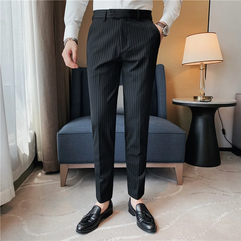 Estilo britânico listrado fino ajuste terno pant homens negócios casual simples vestido calças de alta qualidade social festa de casamento 38-28