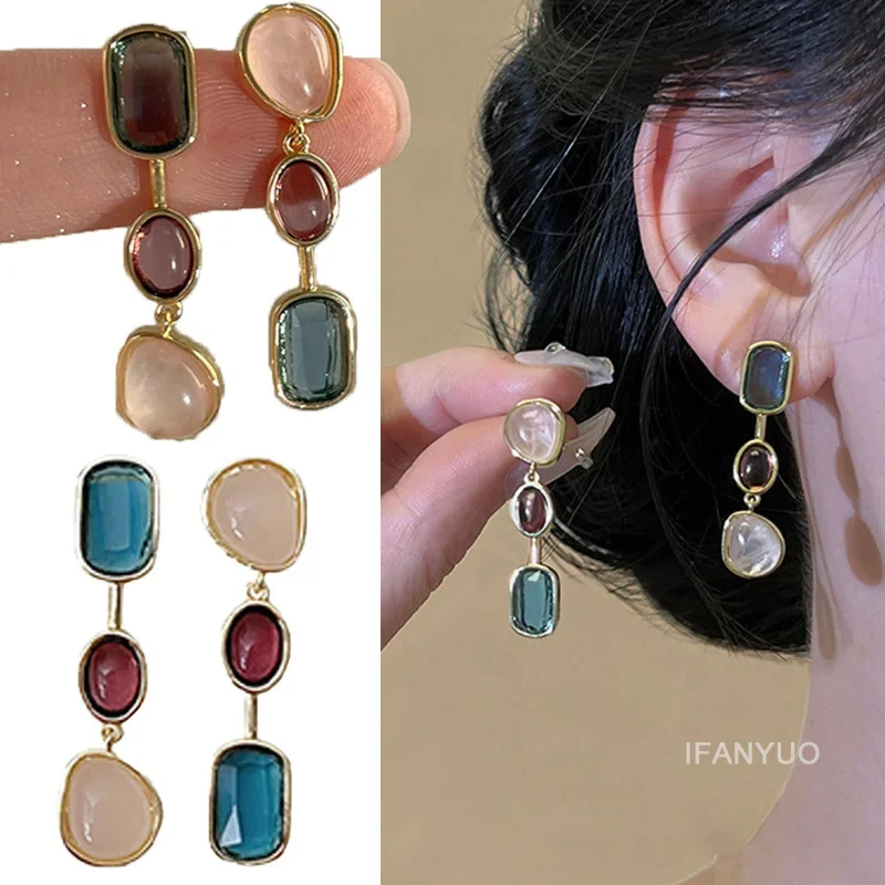 Asymmetric Colorful Gem Earrings Retro Temperament Women Decoration Antique Contrast Design Sense Earring Party Jewelry Gifts