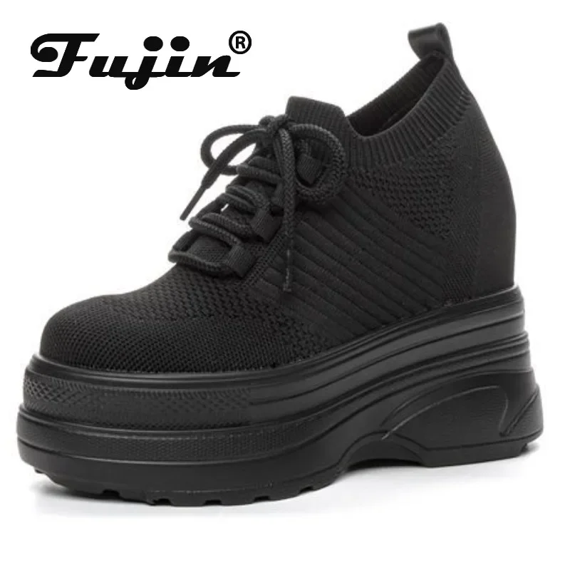 Fujin 11cm Air Mesh Sock Knitted Platform Wedge Summer Flats Hollow Chunky Sneaker Breathable Comfy Women Sandals Slides Shoes