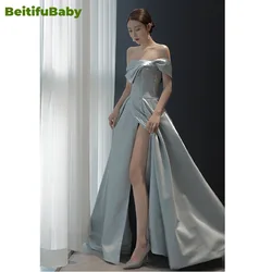 BeitifuBaby French Style Women's Formal Dress Elegant Split Satin Banquet Gown Off-shoulder Sleeveless Evening Dresses Vestidos