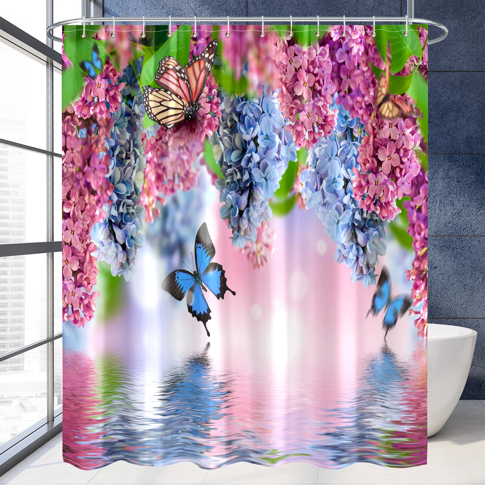 Floral Butterfly Shower Curtain Waterproof Fabric Bath Curtain With 12 Hooks Nice Scenery Garden Decorative Curtains 72x72 inch