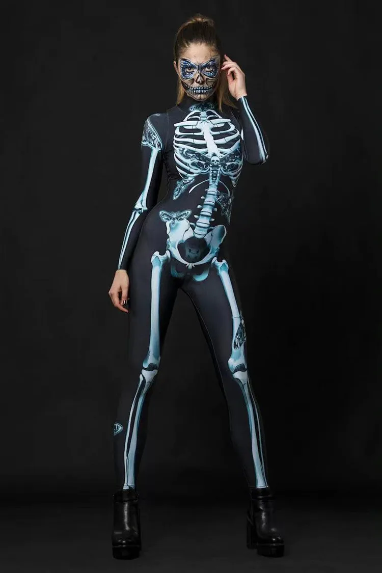 2022 Skeleton พิมพ์ดิจิตอลผู้หญิงผอมฮาโลวีน One Piece Jumpsuit ชุดคอสเพลย์เซ็กซี่ Bodysuit Zentai สูทผู้หญิง