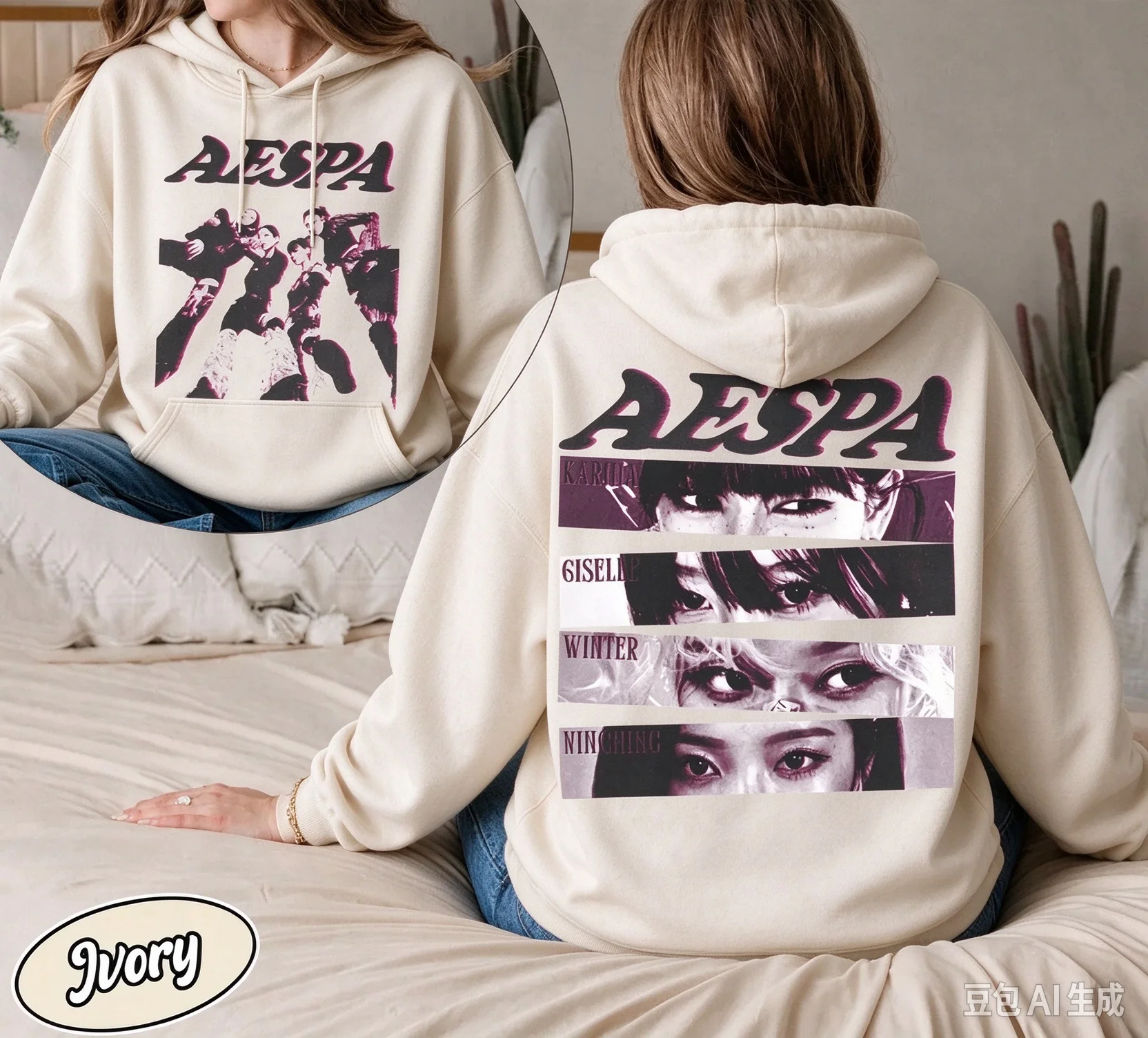 Aespa Kpop Karina Giselle Winter Ningning Portrait Pattern Hooded Sweatshirt Suitable for Men and Women Fan Merch
