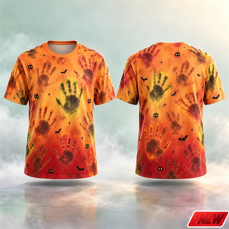 Gothic Scary Hand Print Bat Pattern Gradient T Shirt Men 3D Print Halloween Cosplay Short Sleeve Tee Comfortable Daily Unisex