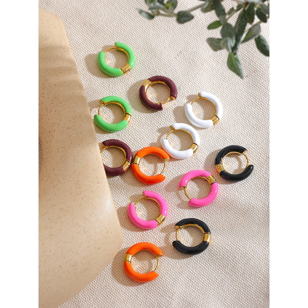 Yhpup 20mm Trendy Orange Green Enamel Stainless Steel Round Hoop Huggie Earrings Waterproof Charm Fashion Daily Jewelry Women