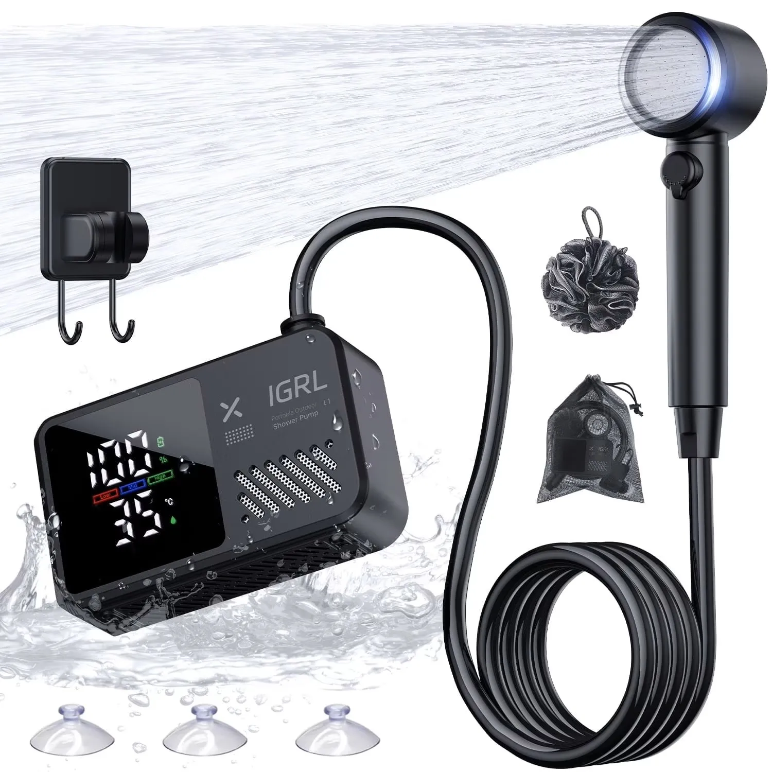 Portable Portable Camping Shower 7800mAh Rechargeable Pump with Digital Display, 4 Water Modes, Bath Sponge, Hiking Travel Car Wash Pet - Aliexpress Deal