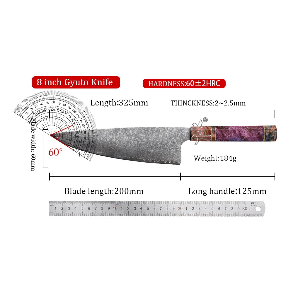 YAN 8 Inch Gyuto Professional Japanese Damascus Chef Knife 67 Layer VG10 Steel Stabilized Maple Burl Octagonal HandleGift Box