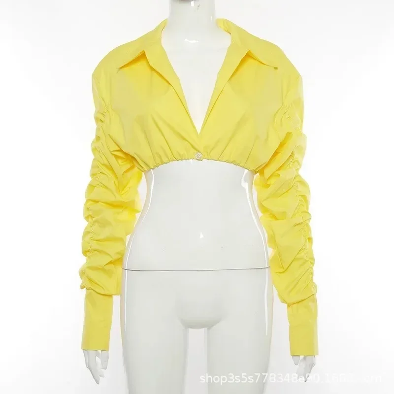 Spring New Women's Sexy Bandeau Umbilical Exposed Long Sleeve Deep V-Neck Top Shirt Loose Sleeve Women's Solid Top Independent