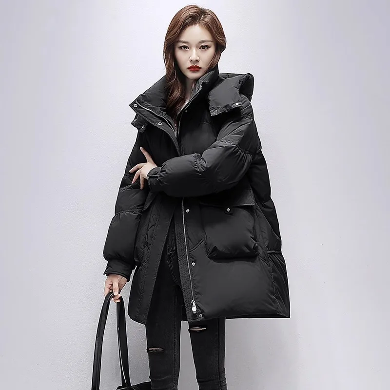 Winter Women\'s Down Jacket Medium-length Parka High-end 90 White Duck Down Hooded Jacket Loose Large Pockets Bread Down Jacket