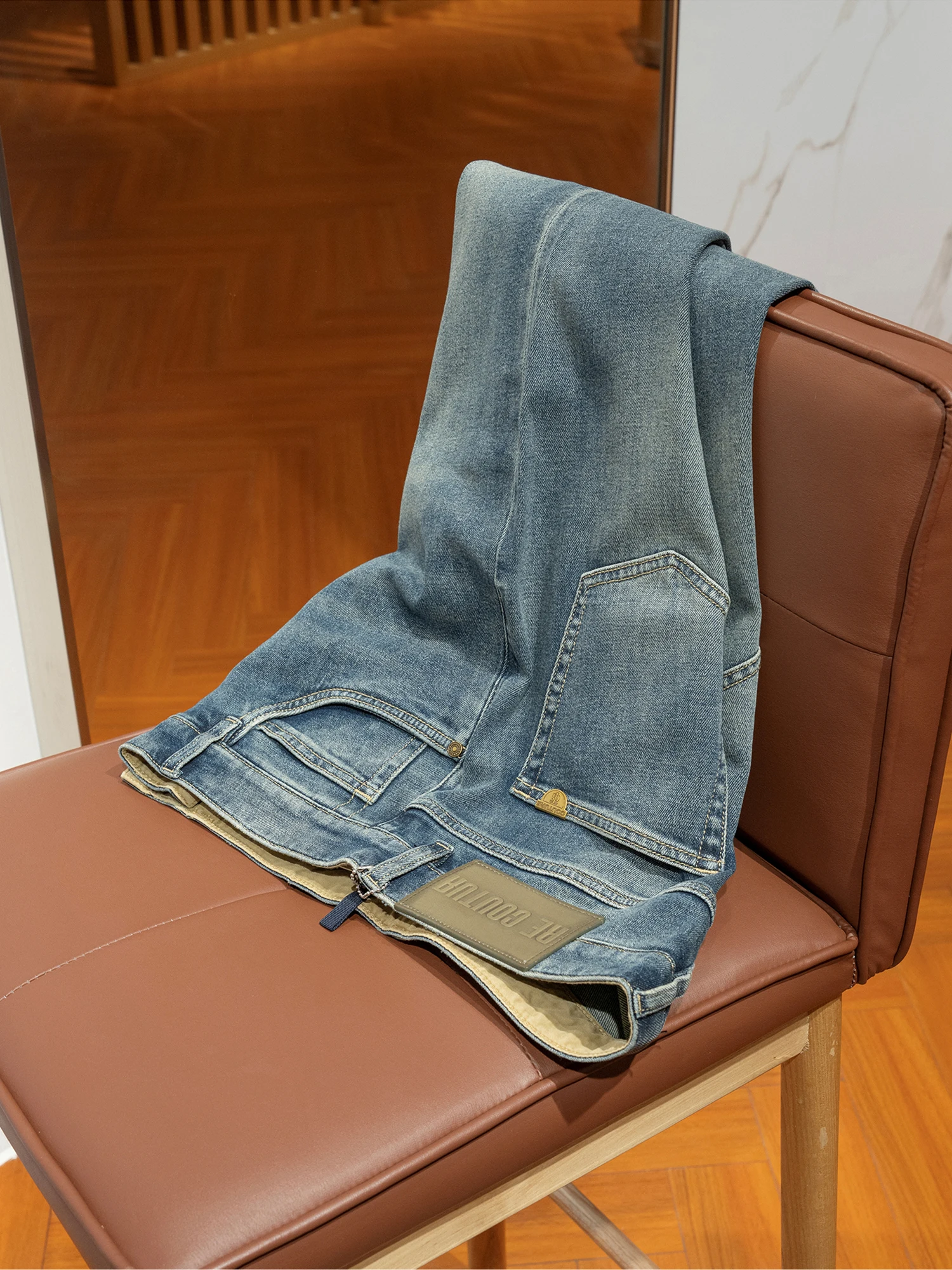 

Vintage Washed Natural Hanflax Cotton Blend Dry Comfortable Slim Men's Elastic Loose Straight Leg Jeans Fashion Urban Spring