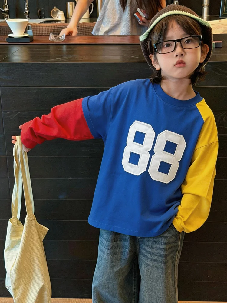 レトロカラーブロック長袖子供用-tシャツボーイズベースシャツトレンディブランド韓国スタイル秋冬服子供用