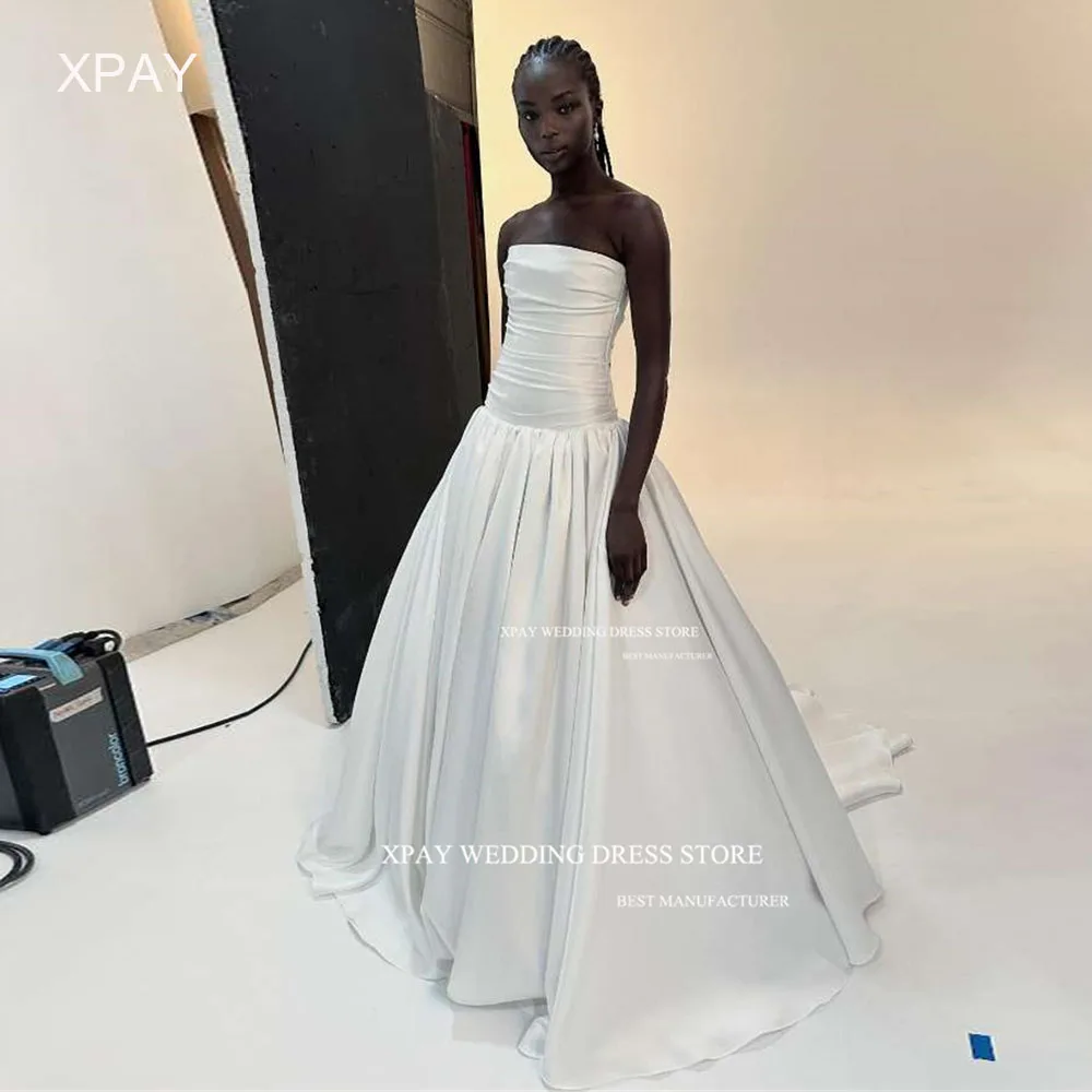 XPAY Strapless Pleats A Line Wedding Dresses Satin Pleats Puffy Ball Gown Back Bridal Dress Sleeveless Photography Party Gown