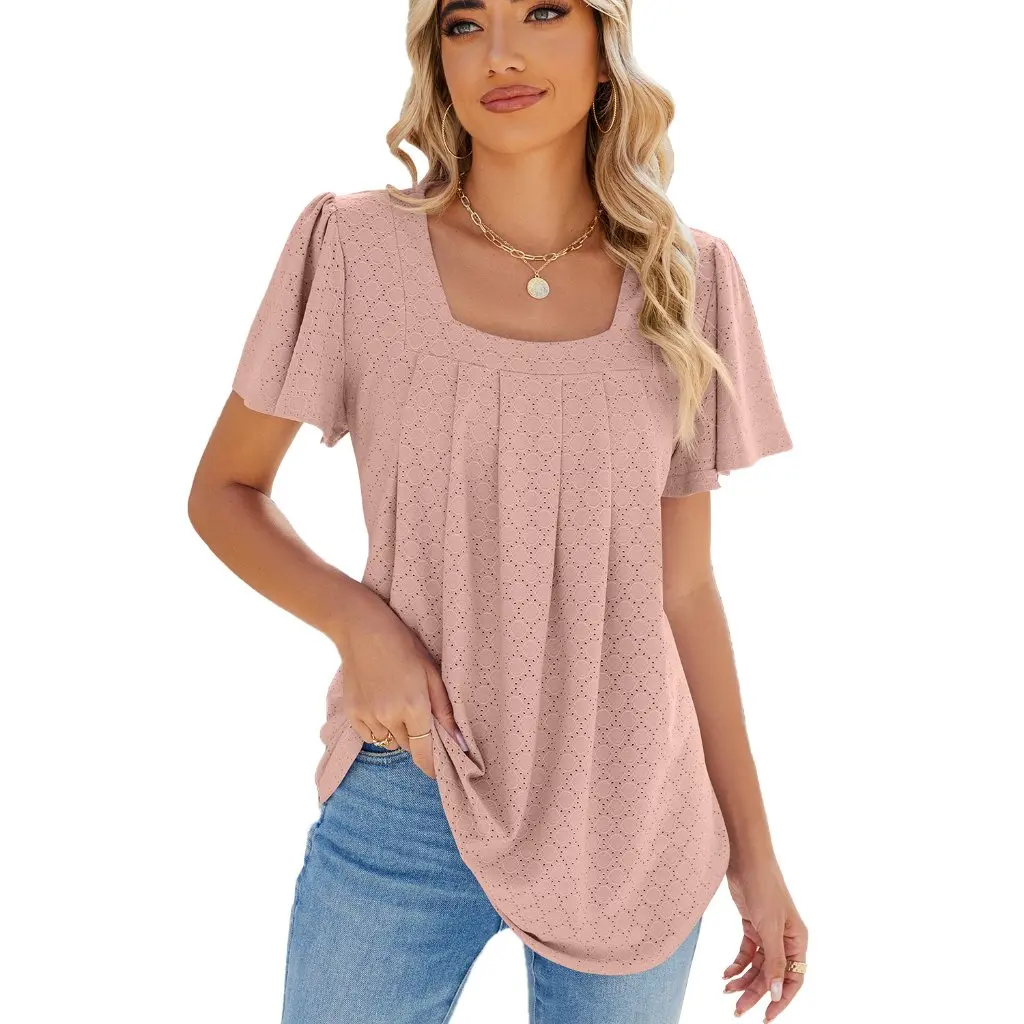 

Women's Solid Color Square Collar Pleated Short Sleeve T-Shirt Loose Top for Spring/Summer New Fashion Trend