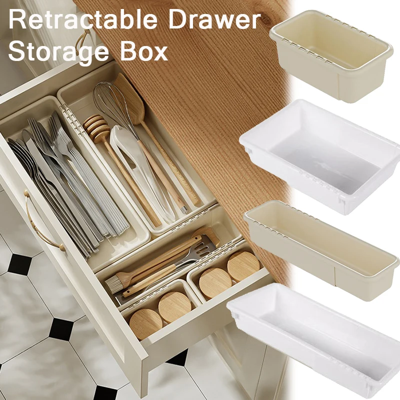 

1pc Adjustable Pull-Out Storage Boxes - Expandable Plastic Organizer Space-Saving Drawer Divider for Cosmetics, Kitchen Storage