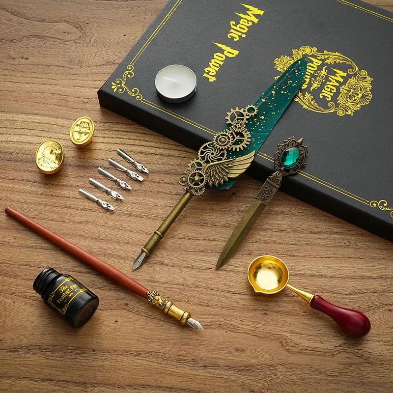 Imagem -04 - Antique Feather Dip Pen e Ink Grupo Caneta Metal Retro Classic Wax Seal Core Kit Caligrafia Arte Palavras Escritório e Presentes da Escola