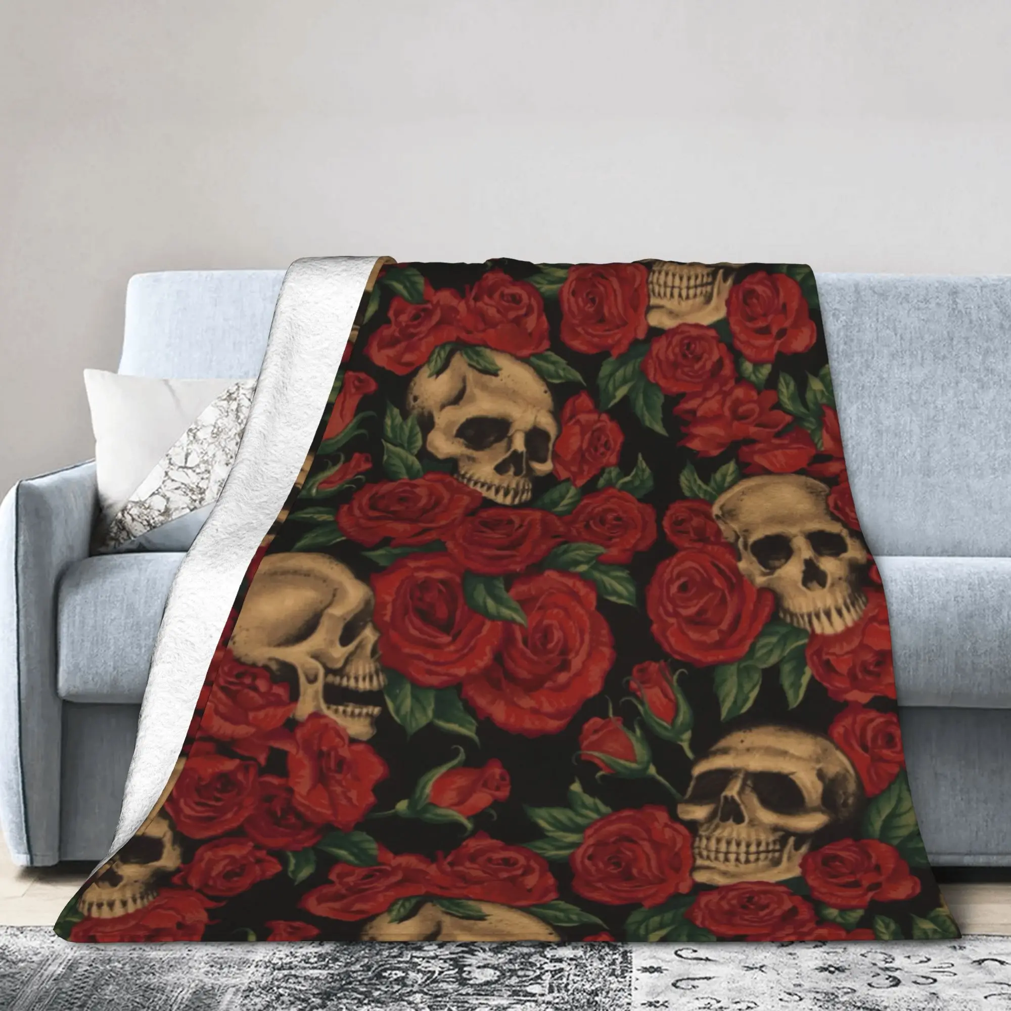 Floral Skull Knitted Blankets Roses Retro Wool Throw Blankets Bedroom Sofa Portable Lightweight Bedspreads