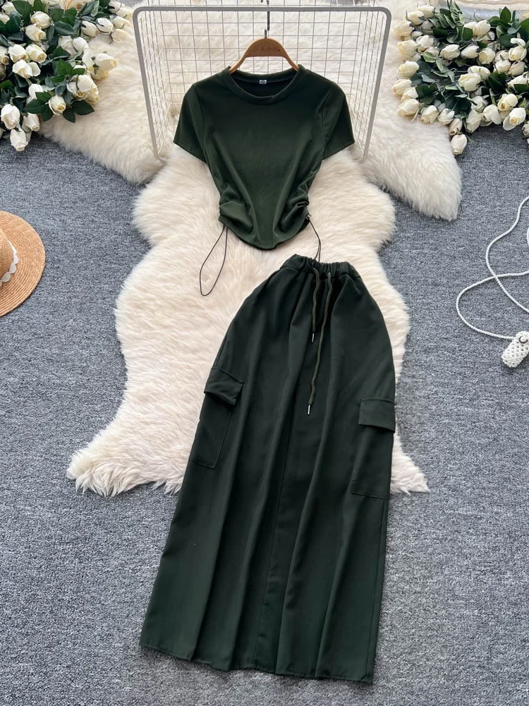 

Повседневный летний комплект для женщин: свободная модная футболка с круглым вырезом и завязками по бокам, юбка с высокой талией в рабочем стиле