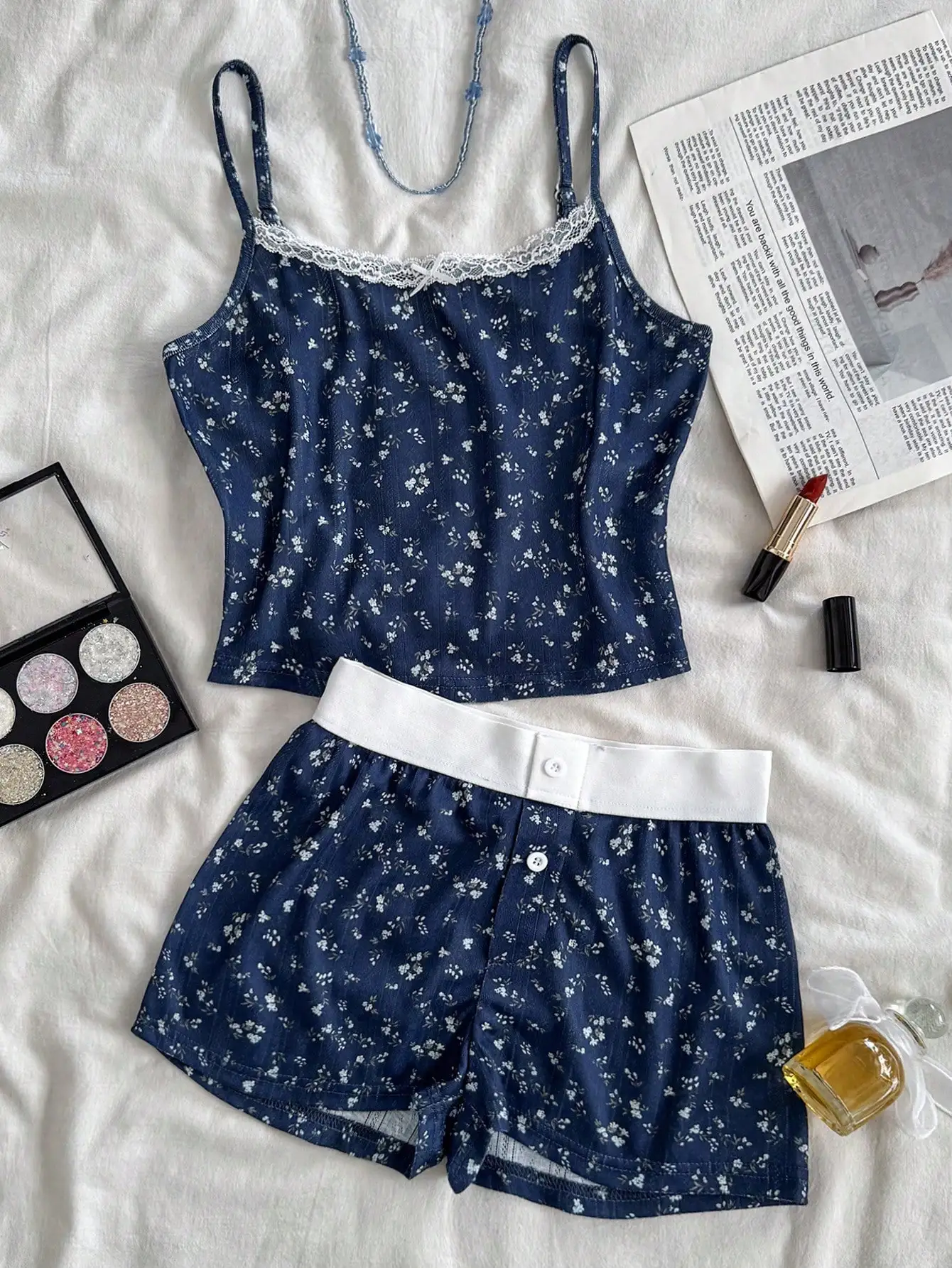 Ditsy Floral Lace Trim Camisole and Shorts Pajama Set in Indigo Blue