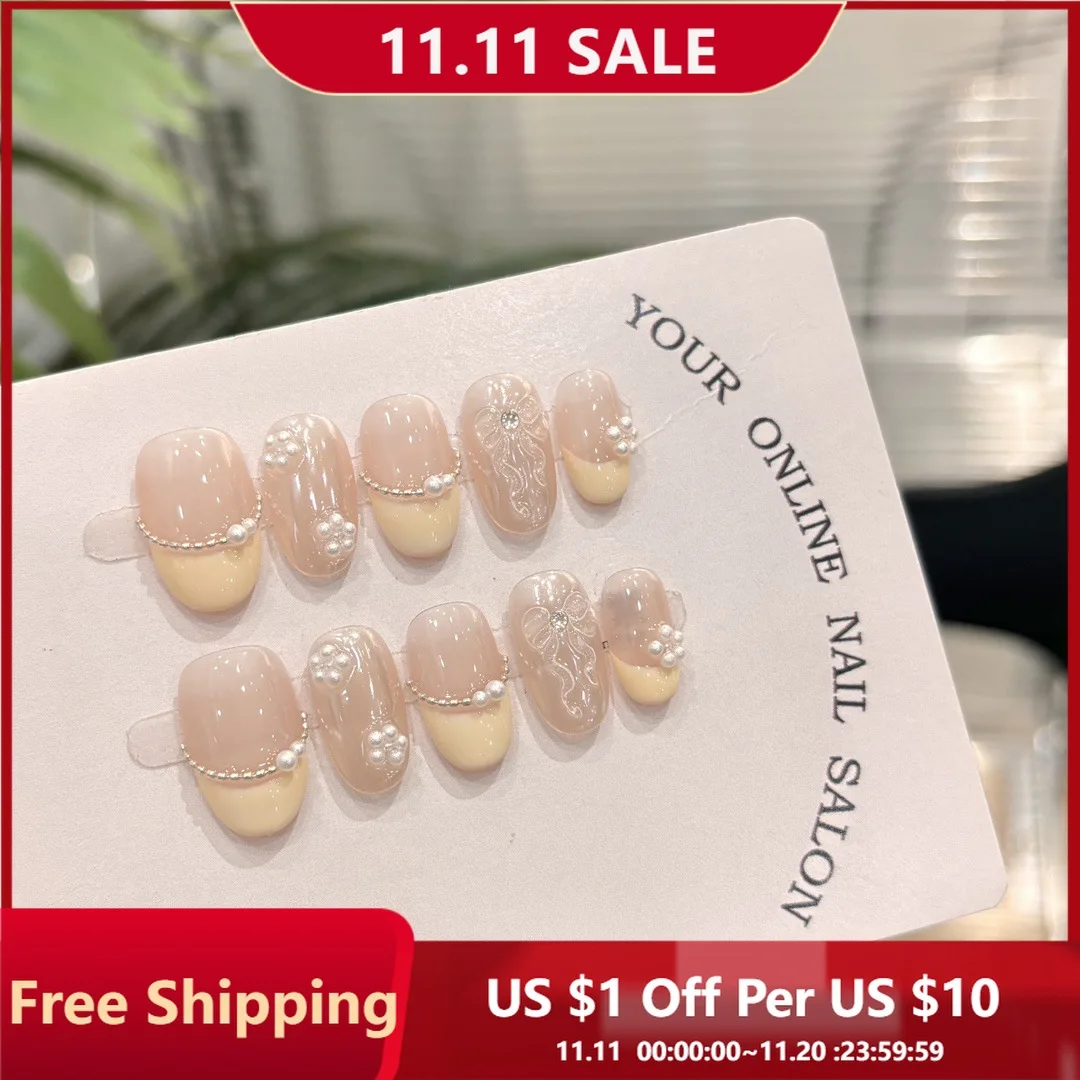 

10pcs Handmade Press on Nails Energetic Girl Hand-Painted Ribbon Full Coverage Nail for Women&Girl Removable Wearable False Nail