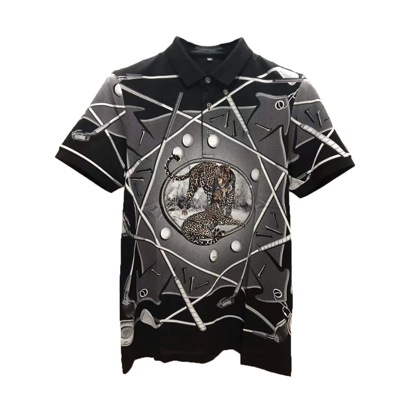 European and American men's wear summer 2022 new  Short sleeve lapel royal leopard print  Fashion cotton T-shirt