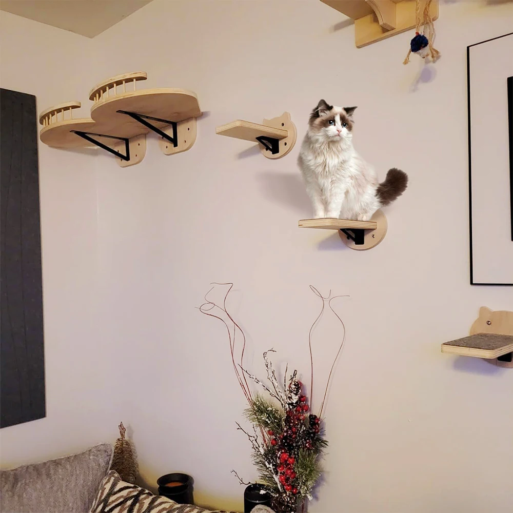 Cat Wall Furniture Cat Platform 4-Piece Set with 3 Cat Steps Wooden Cat Frame and Wall Perch Indoor Cat Climbing Frame