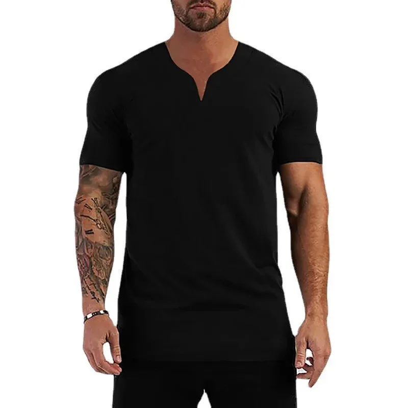 Plain Summer Cotton Breathbale V-neck T-shirts Gym Fitness Muscle Short Sleeve Shirts Mens Casual Bodybuilding Sport Clothing